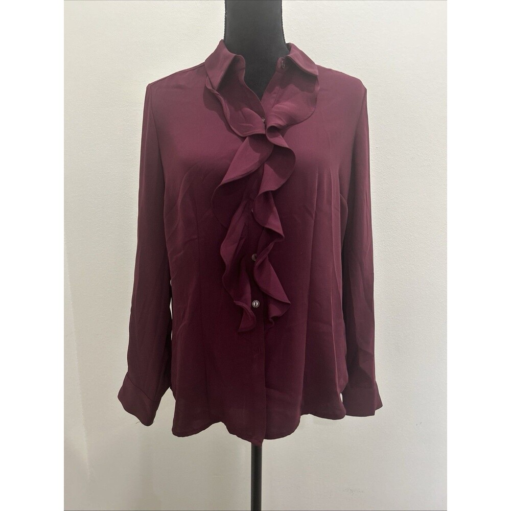 Chicos Sz 0 Womens S Maroon Blouse Ruffle Front Button Down Long Sleeve
